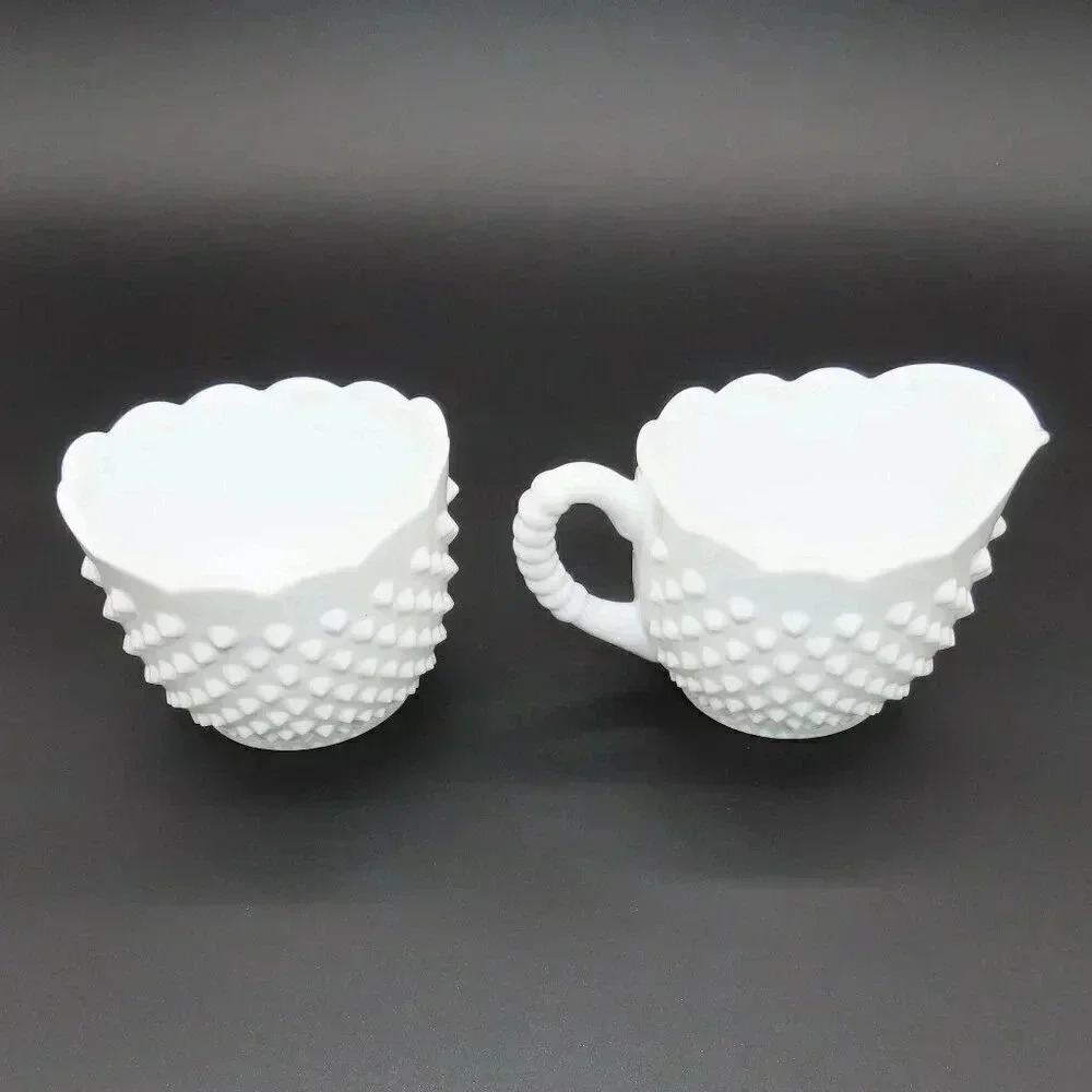 Vintage Fenton Oval Hobnail Milk Glass Sugar Bowl Creamer Set 1950s 1960s - Picture 2 of 8